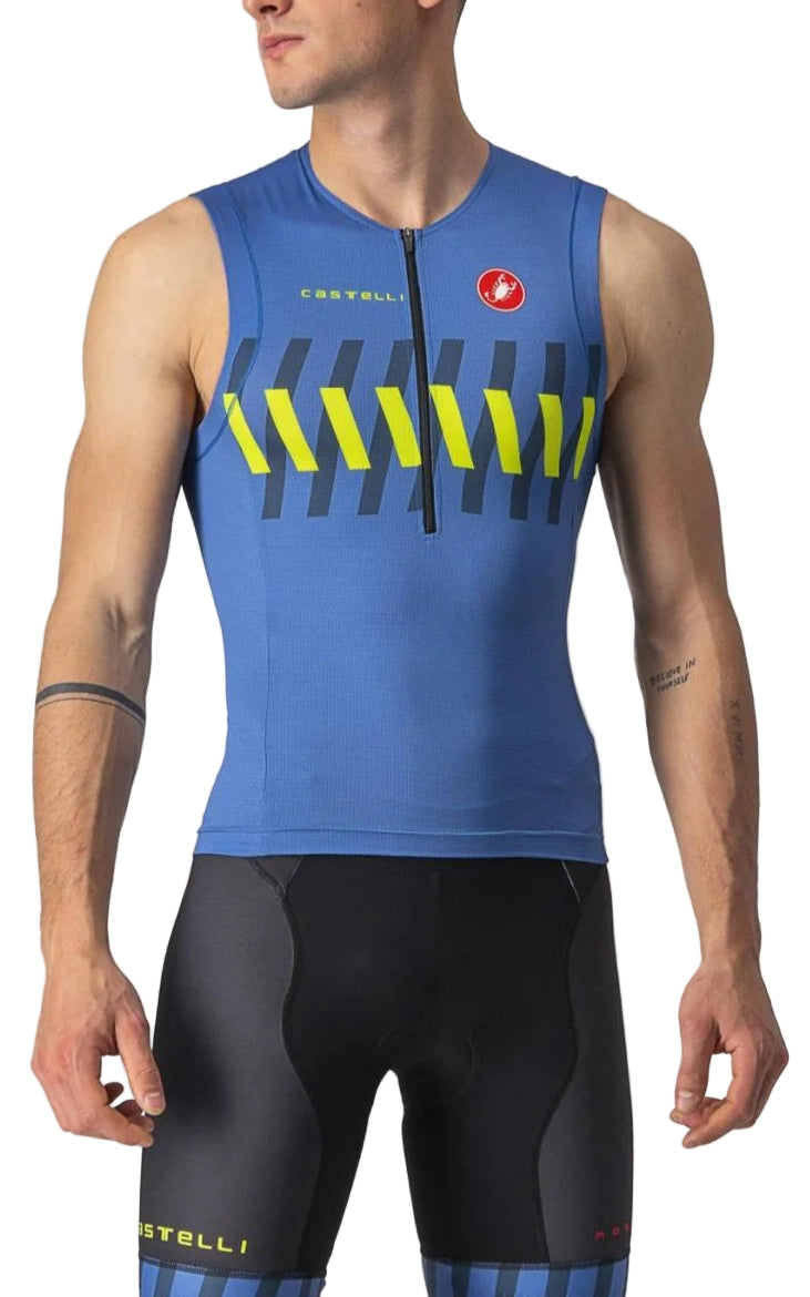 CASTELLI FREE TRI SLEEVELESS TOP COBALT BLUE/ELECTRIC LIME FRONT FACING MODEL
