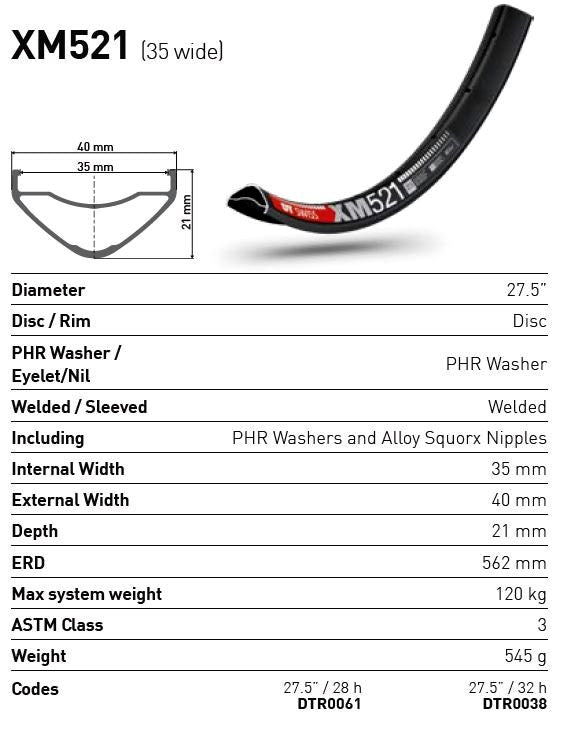 DT Swiss XM521 27.5" 28H Discbrake Plus Rim (35 wide)