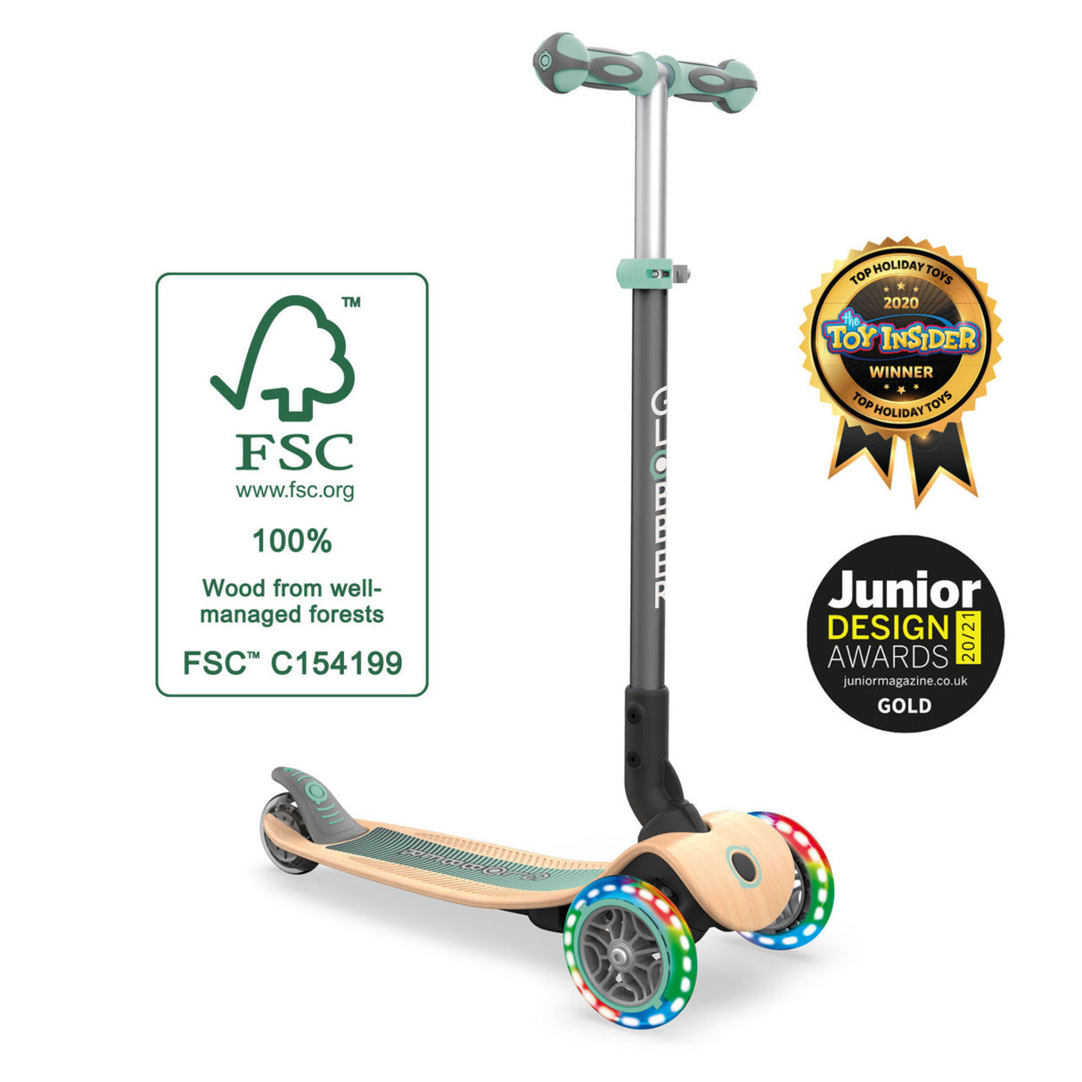 Globber Primo Lights Foldable Wooden Kids Scooter Mint
