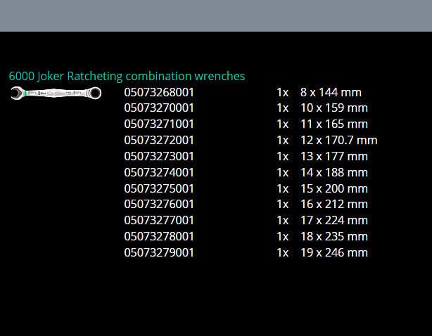 Wera 6000 Joker Ratcheting Combination Wrenches 11-Piece Set