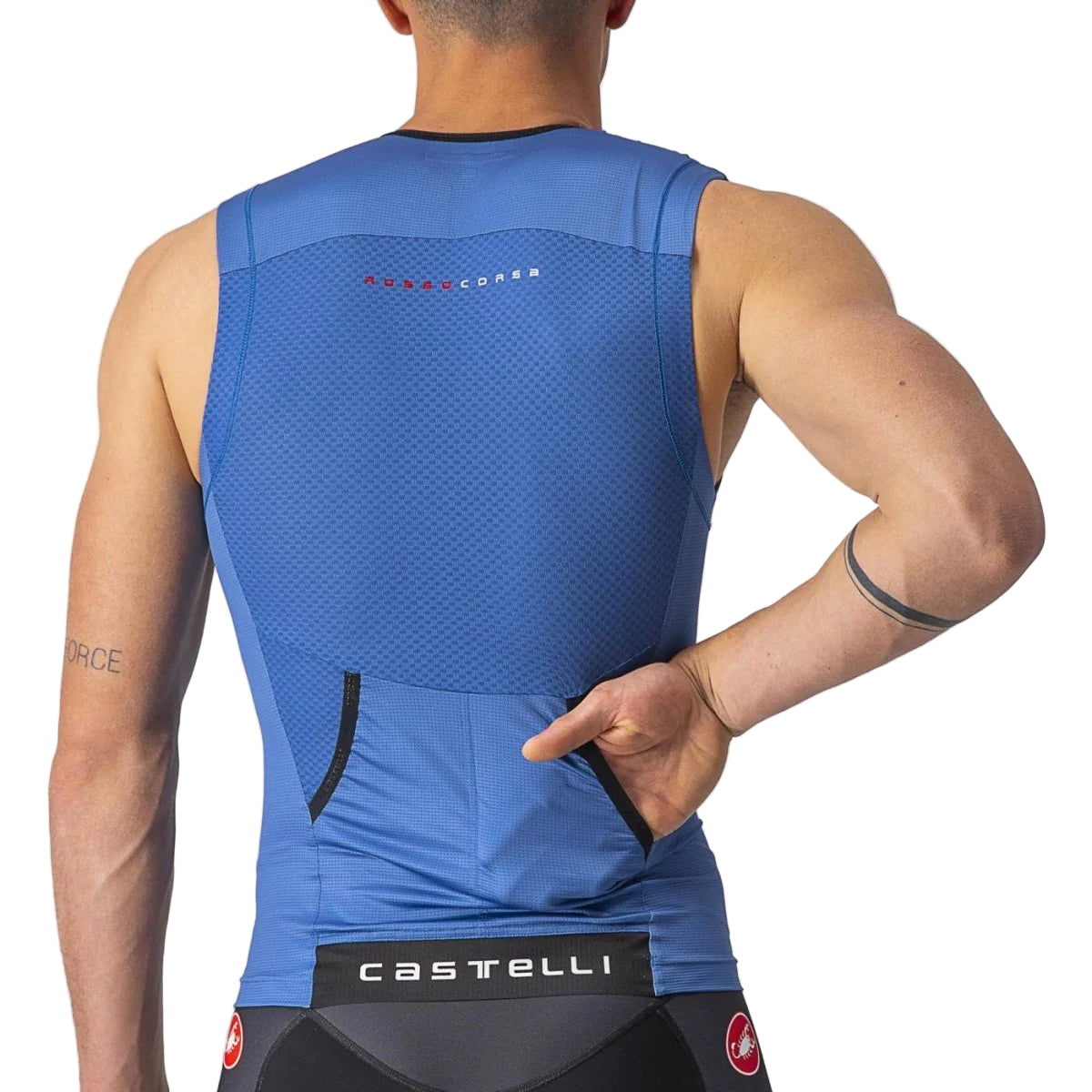 CASTELLI FREE TRI SLEEVELESS TOP COBALT BLUE/ELECTRIC LIME BACK FACING MODEL