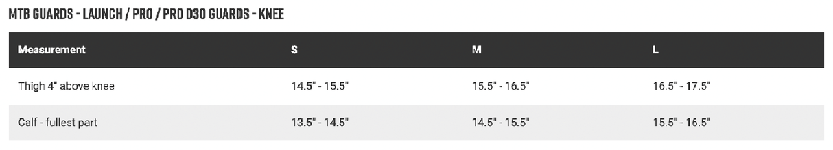 FOX Launch Pro D3O Knee Guard Size Guide