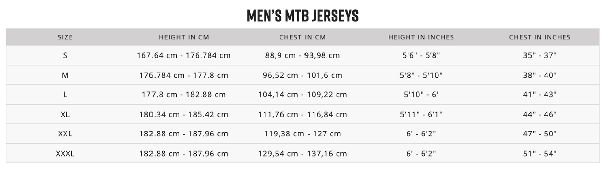FOX Ranger DR Jersey Race Co Size Chart