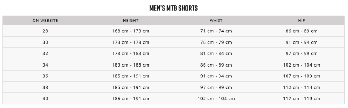 Fox Flexair Short Size Chart