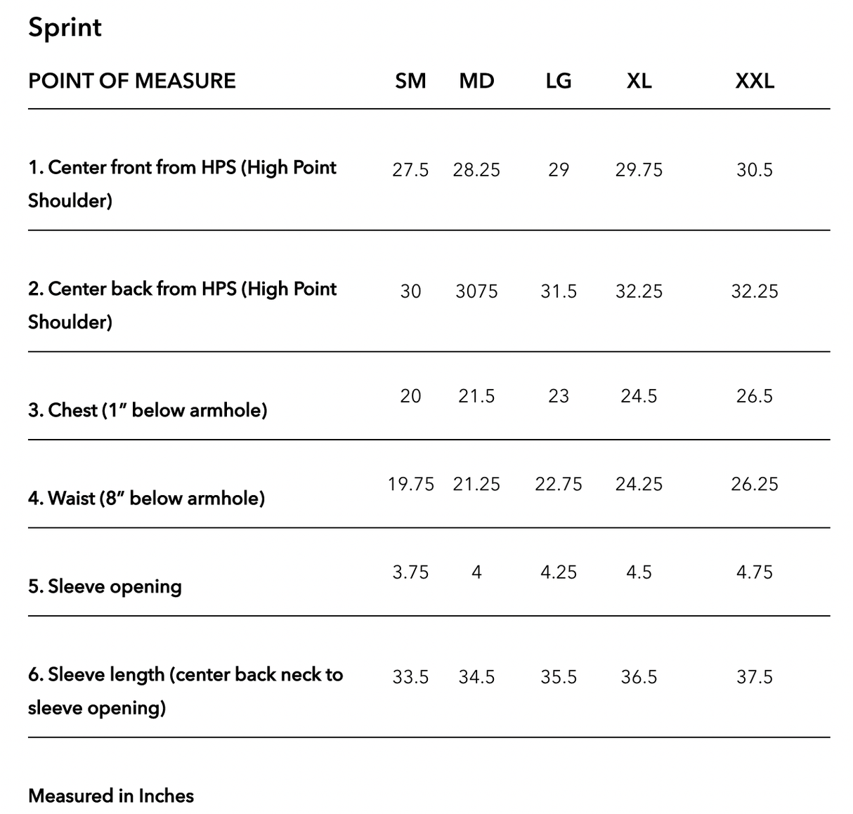 SPRINT JERSEY DROP IN DARK SLATE BLUE - size chart