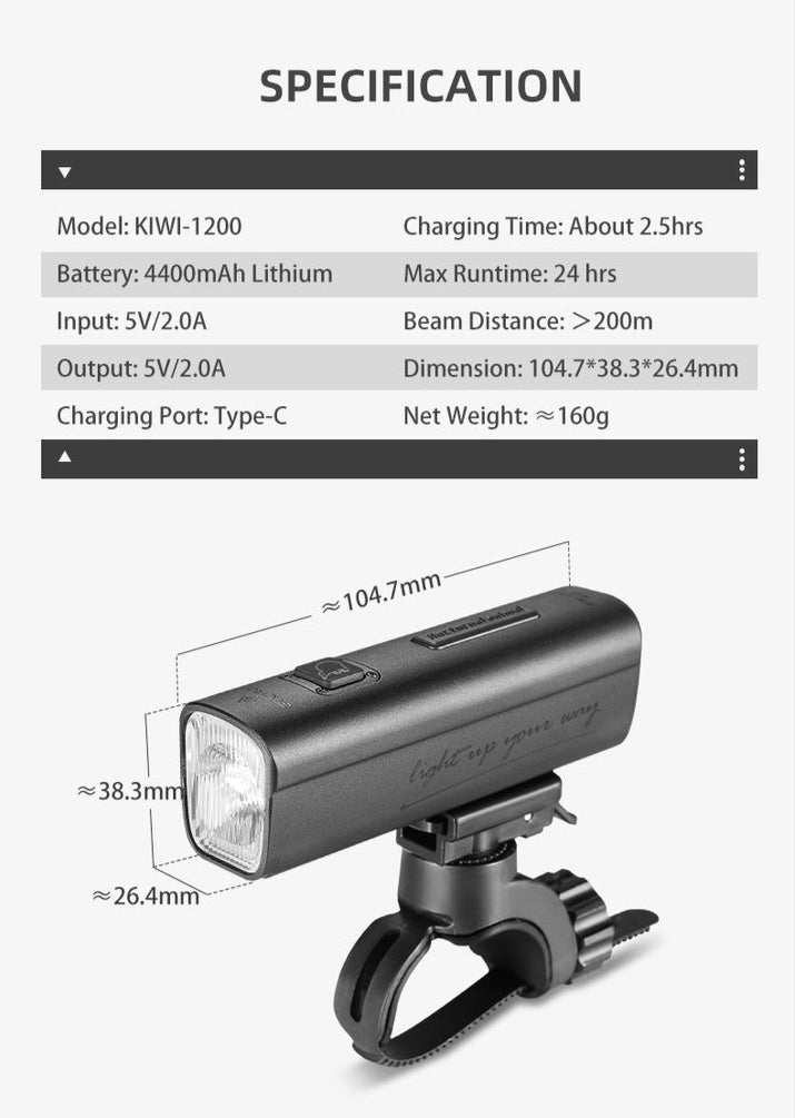 Gaciron Kiwi 1200LM Anti Glare Front Bike Light