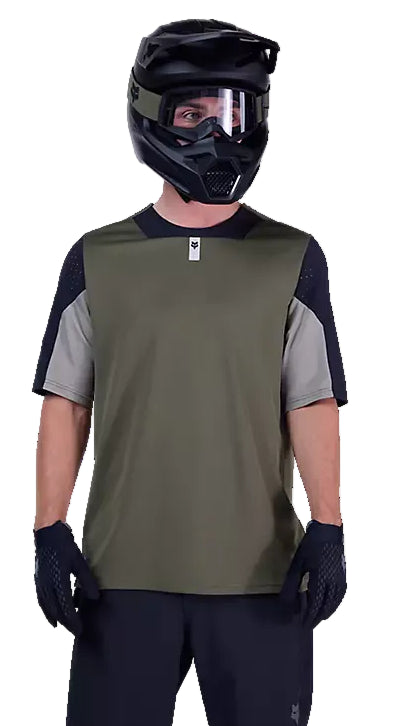 Fox Defend SS Jersey Olive Green FRONT FACING MODEL