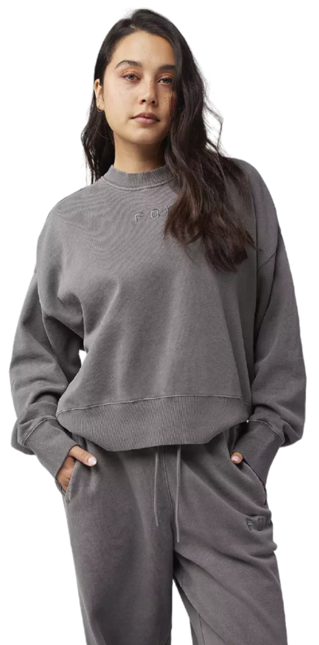 Fox Womens WORDMARK Oversized Fleece CREW Pewter FRONT FACING MODEL