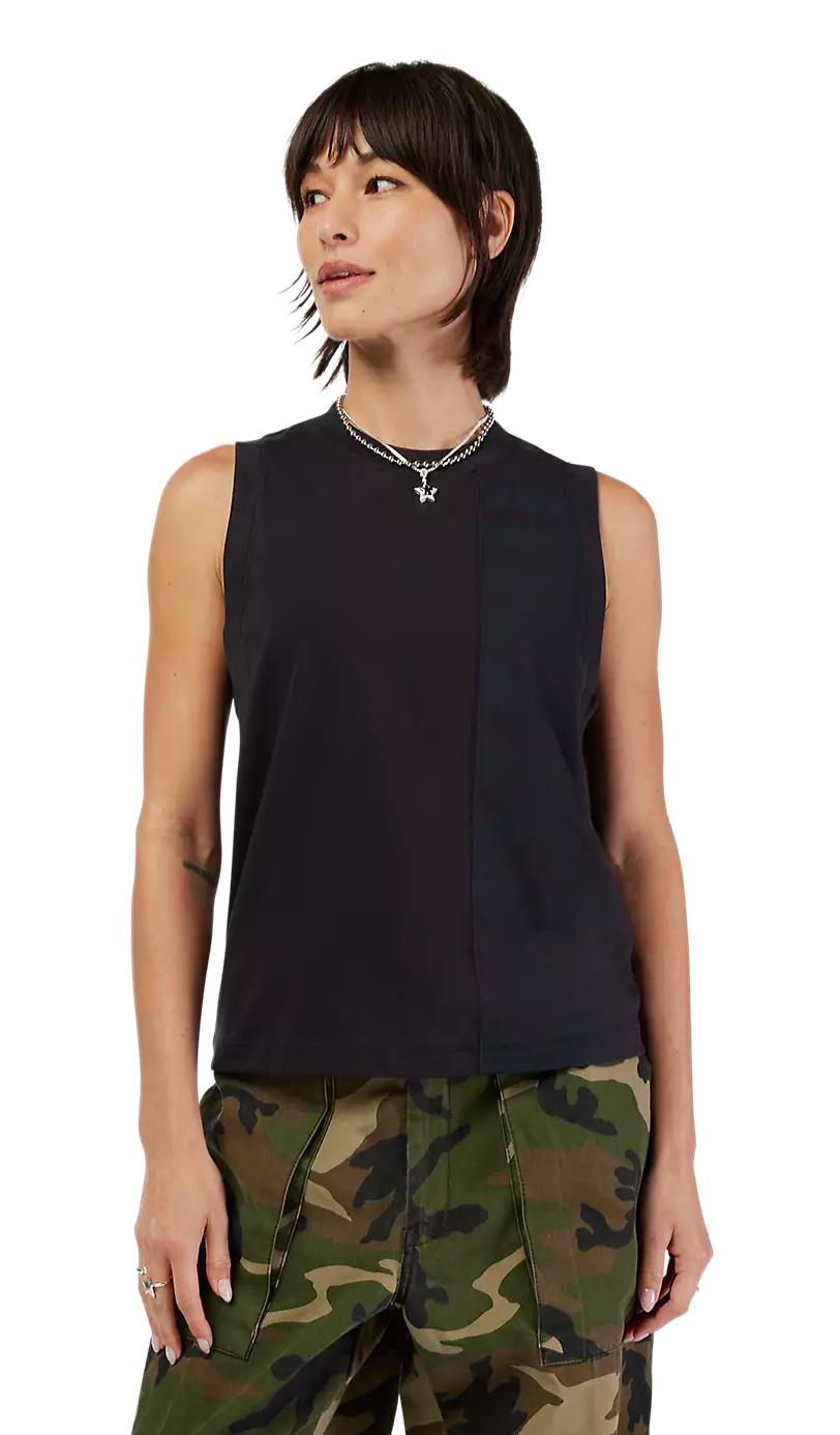Fox Women's Moto-X Blocked Tank Top Black FRONT FACING MODEL 