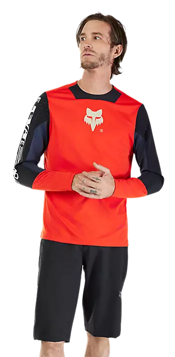 Fox Defend Long Sleeve Jersey Elevated Flo Red FRONT FACING MODEL