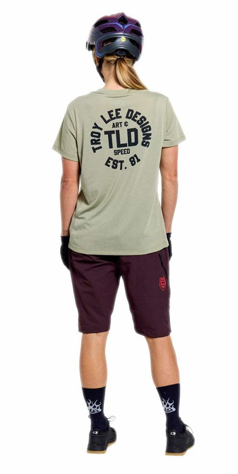Troy Lee Designs Womens Lilium Ride Short Sleeve Tee Stamps Sage BACK FACING MODEL