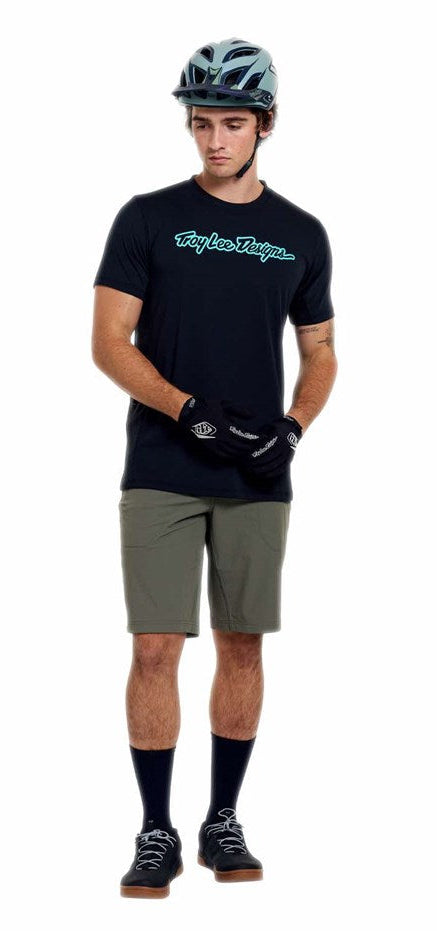 Troy Lee Designs Skyline Ride Short Sleeve Tee Signature Black / Real Teal FRONT FACING MODEL