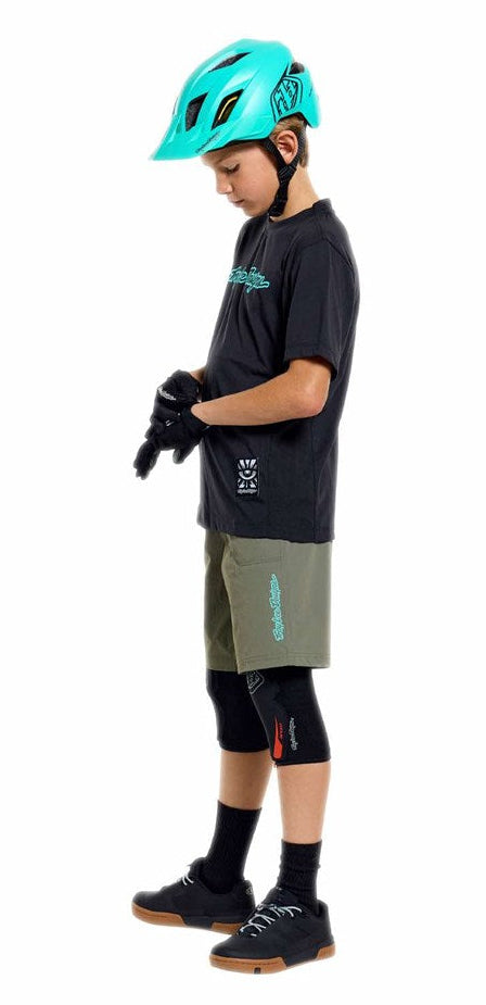 Troy Lee Designs Youth Skyline Ride Short Sleeve Tee Signature Black/Real Tea SIDE - FRONT FACING MODEL