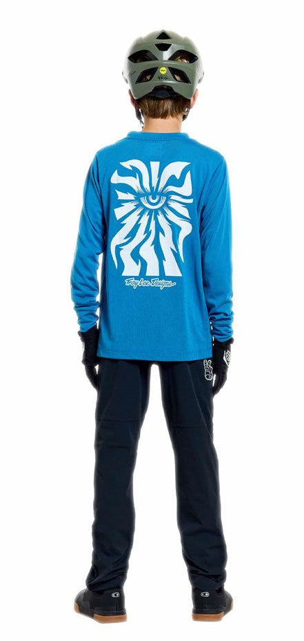 Troy Lee Designs Youth Skyline Ride Long Sleeve Tee One Eye Aero Blue BACK FACING MODEL