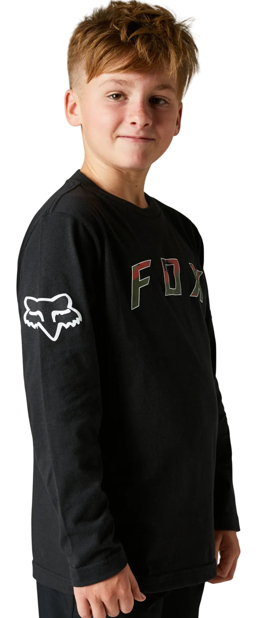 Fox YOUTH BNKR Long Sleeve TEE Black SIDE-FRONT FACING MODEL