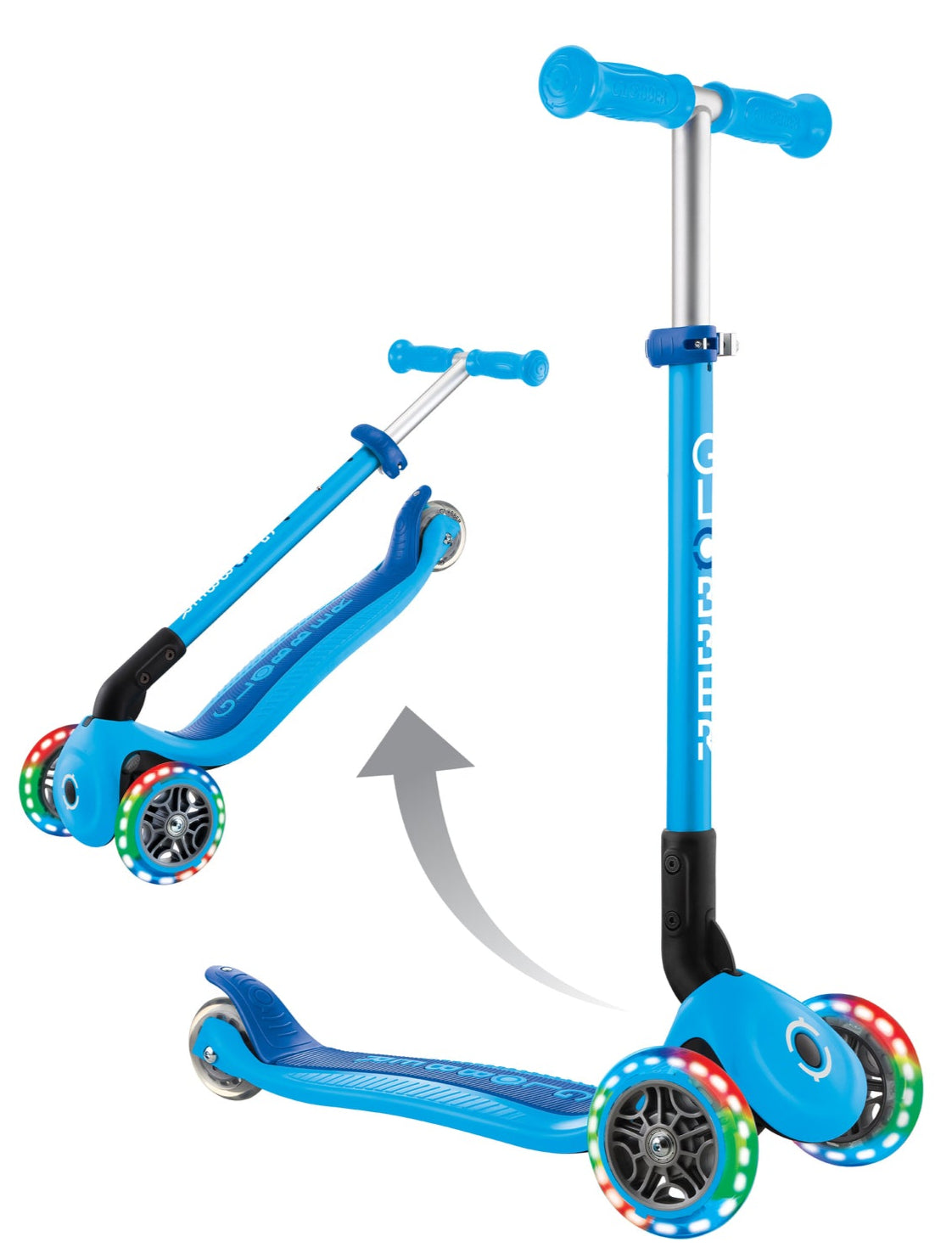 Globber PRIMO Foldable Lights Scooter - Sky Blue/Navy Blue