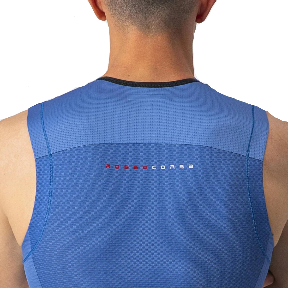CASTELLI FREE TRI SLEEVELESS TOP COBALT BLUE/ELECTRIC LIME BACK FACING MODEL