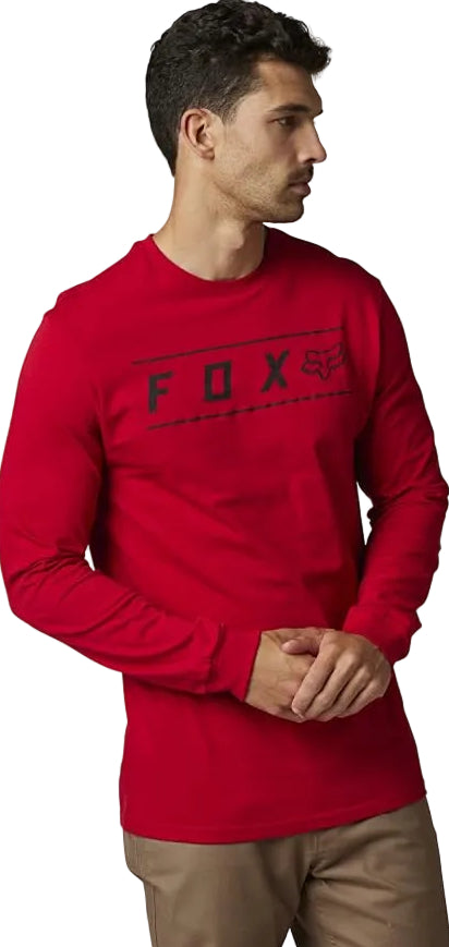 Fox PINNACLE Long Sleeve PREMIUM TEE Flame Red SIDE-FRONT FACING MODEL