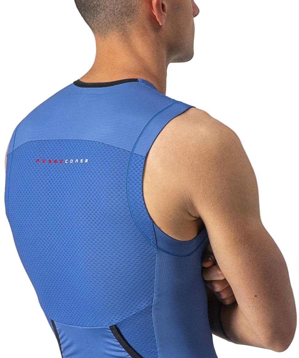 CASTELLI FREE TRI SLEEVELESS TOP COBALT BLUE/ELECTRIC LIME BACK FACING MODEL