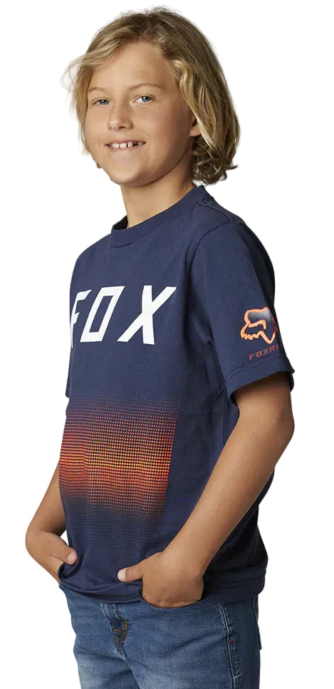 Fox YOUTH FGMNT Short Sleeve TEE DpCobalt SIDE-FRONT FACING MODEL