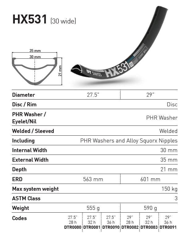 DT Swiss Rim HX531 27.5 (30 wide) 28h