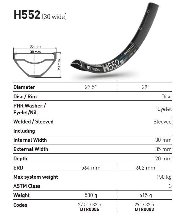 DT Swiss H552 27.5 Rim (30 wide) 32h 