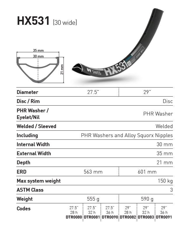 DT Swiss Rim HX531 29 (30 wide) 36h