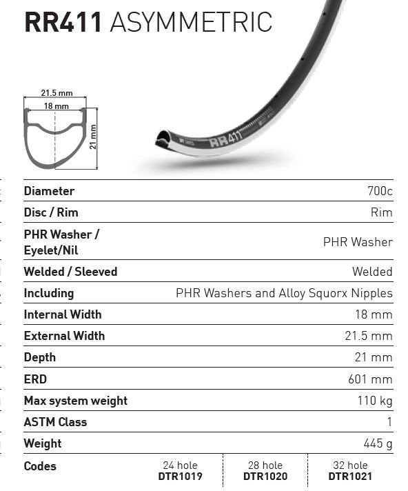 DT Swiss Rim RR411 asymm 32h black 700c