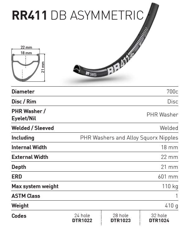 DT Swiss Rim RR411 asymm 24h DISC DB 700c