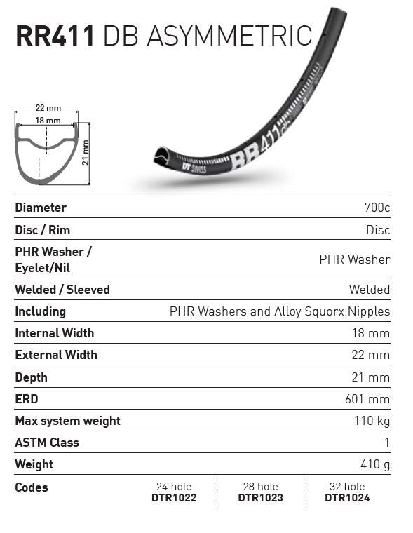 DT Swiss Rim RR411 asymm 32h DISC DB 700c