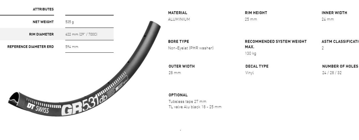 DT Swiss GR531 700c DB 24h Rim Black (24 wide)