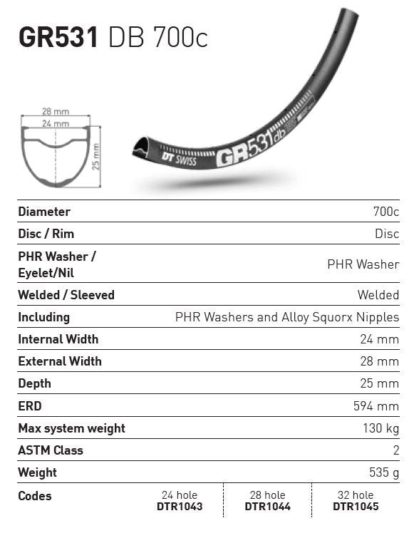 DT Swiss GR531 700c DB 24h Rim Black (24 wide)