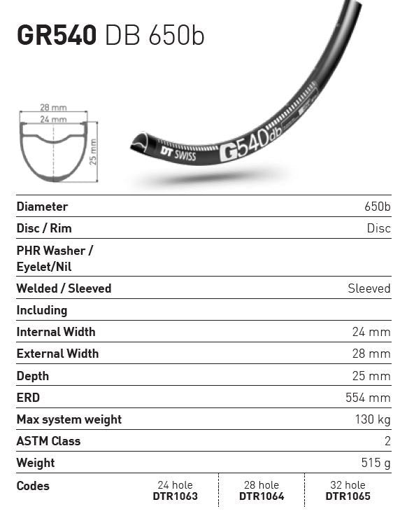 DT Swiss G540 DB 28h Bike Rim Black 650b 