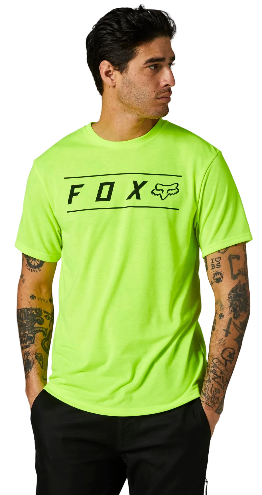 Fox PINNACLE Short Sleeve TECH TEE Flo Yellow FRONT FACING MODEL