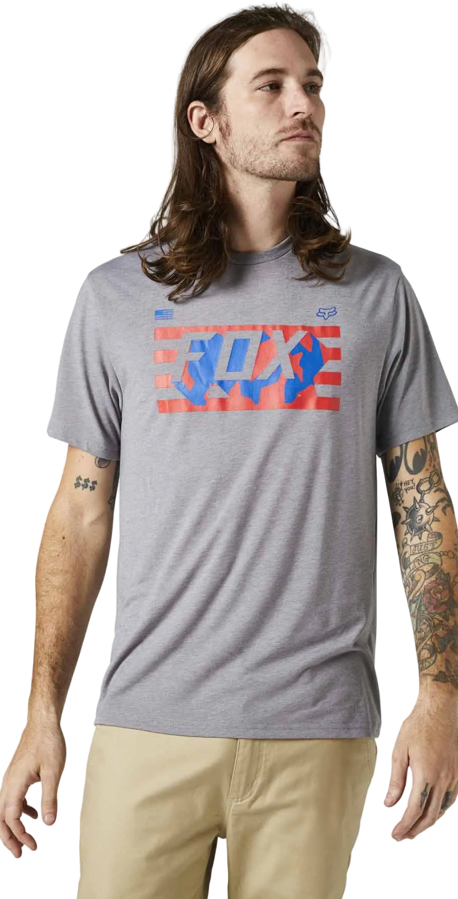 Fox RWT FLAG Short Sleeve TECH TEE Heather Graphite FRONT FACING MODEL