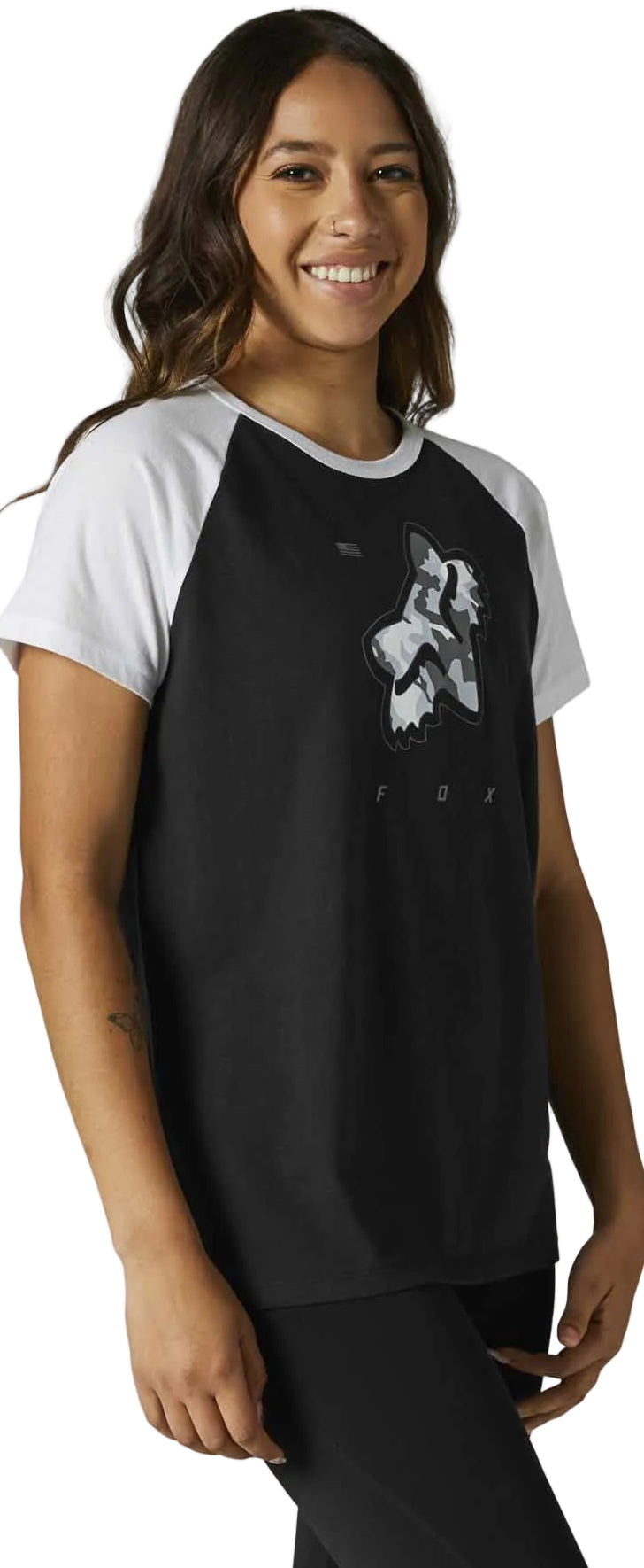 Fox Women RWT Short Sleeve RAGLAN TEE Black SIDE-FRONT FACING MODEL