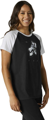 Fox Women RWT Short Sleeve RAGLAN TEE Black SIDE-FRONT FACING MODEL