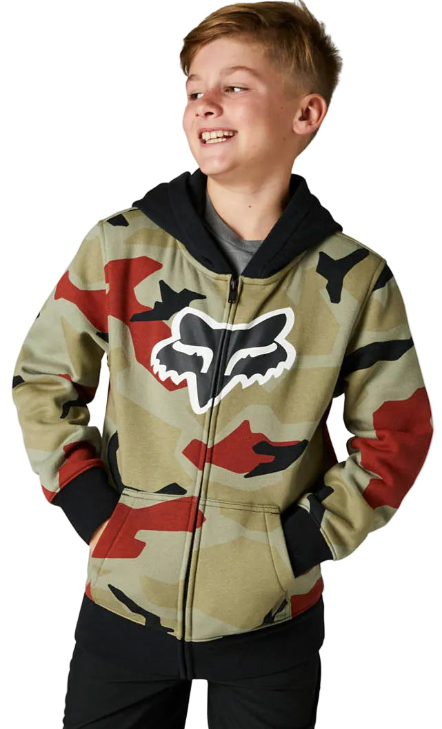 Fox YTH BNKR ZIP FLEECE Green Camo FRONT FACING MODEL