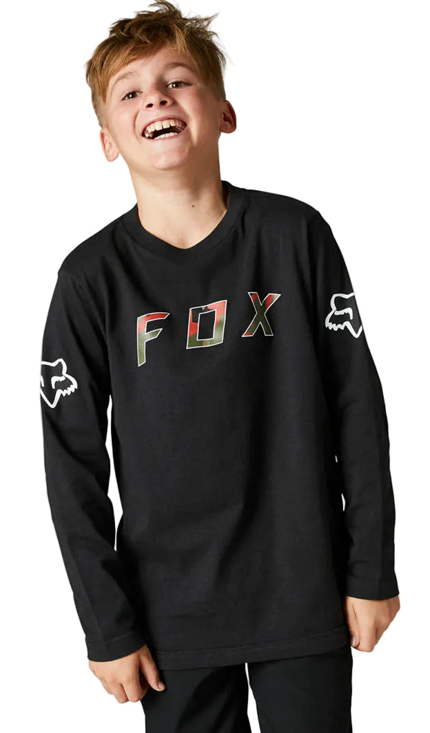 Fox YOUTH BNKR Long Sleeve TEE Black FRONT FACING MODEL
