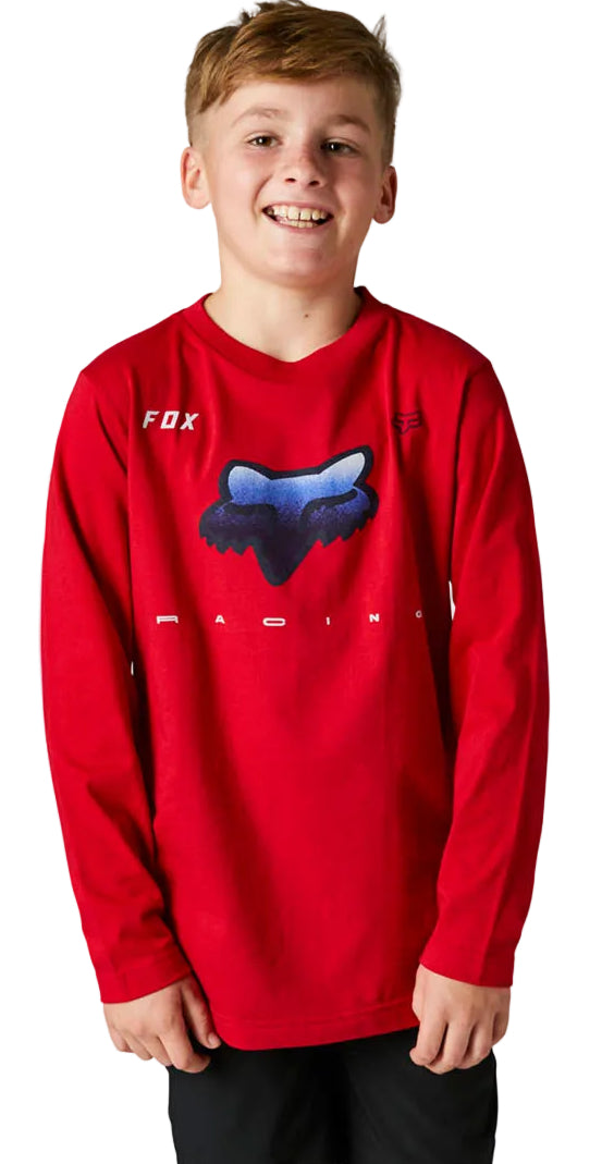 Fox YOUTH RKANE Long Sleeve TEE Flame Red FRONT FACING MODEL