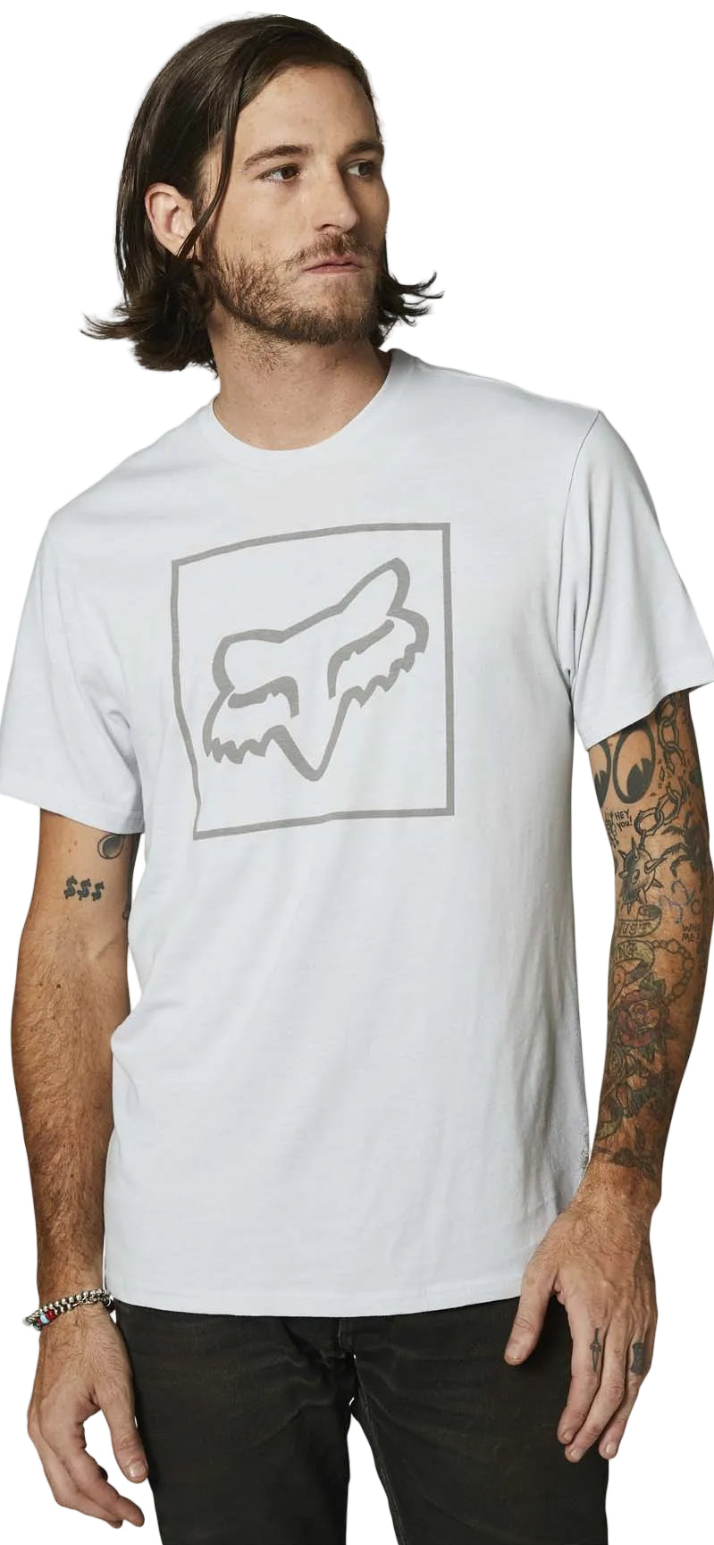 Fox OFF TILTER Short Sleeve TEE Light Heather Grey SIDE-FRONT FACING MODEL