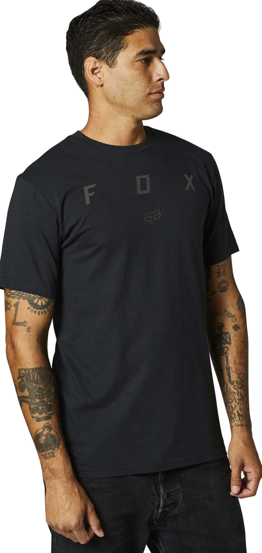 Fox PARALLAX Short Sleeve TEE Black SIDE-FRONT FACING MODEL