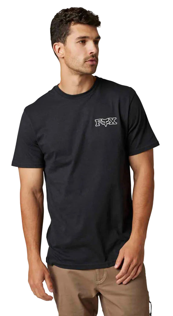 Fox OUT AND ABOUT Short Sleeve PREMIUM TEE Black SIDE-FRONT FACING MODEL