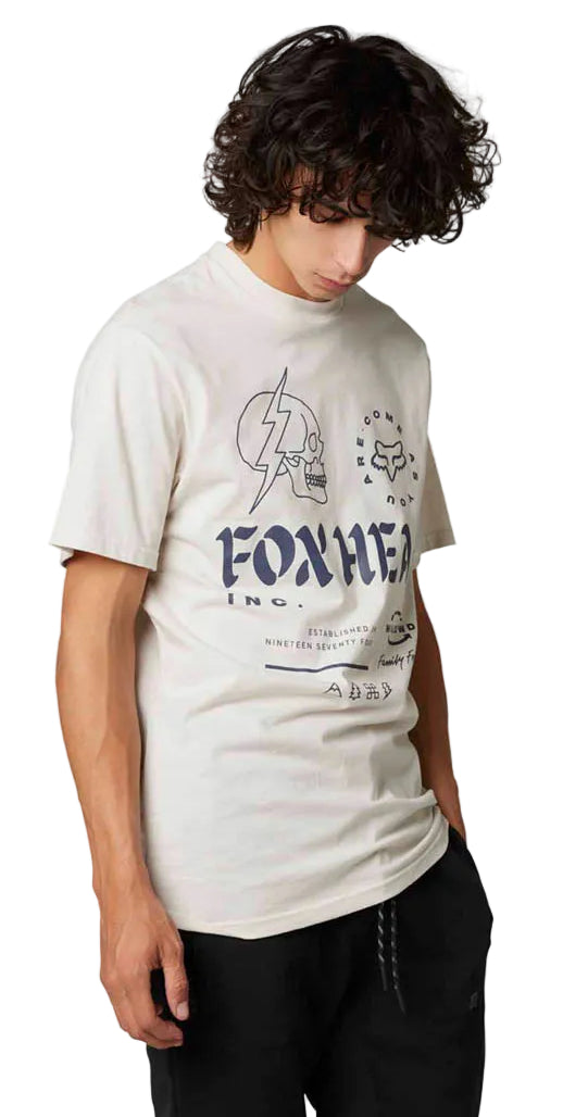 Fox UNLEARNED Short Sleeve PREMIUM TEE Vintage White SIDE-FRONT FACING MODEL