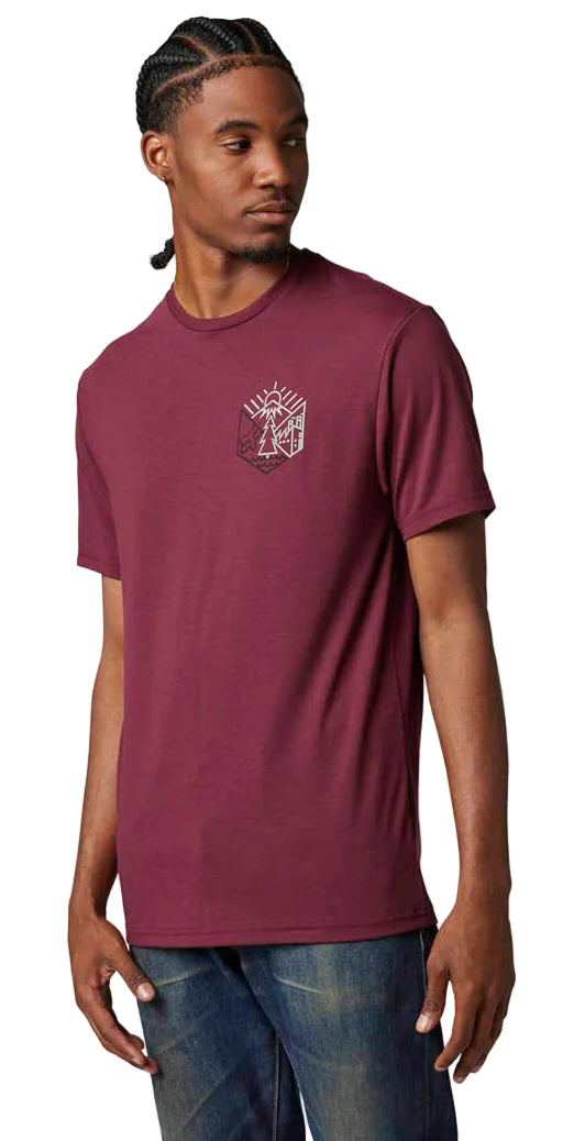 Fox CAVEAUT Short Sleeve TECH TEE Dark Maroon SIDE-FRONT FACING MODEL