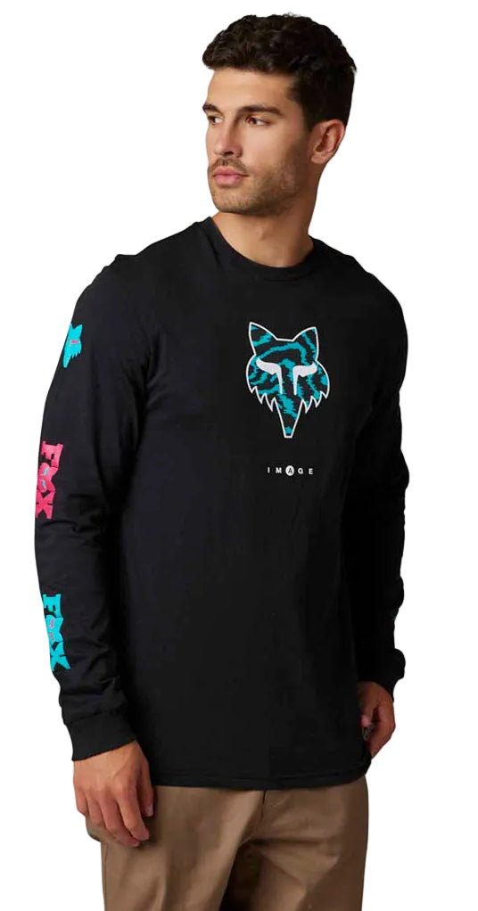 Fox NUKLR Long Sleeve PREMIUM TEE Black SIDE-FRONT FACING MODEL