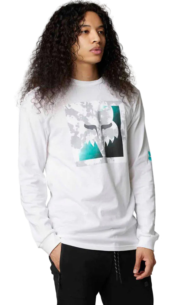 Fox DETONATE Long Sleeve PREMIUM TEE Optic White SIDE-FRONT FACING MODEL