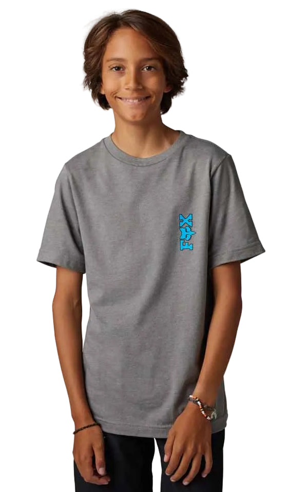 Fox YOUTH BARBED WIRE Short Sleeve TEE Heather Graphite FRONT FACING MODEL
