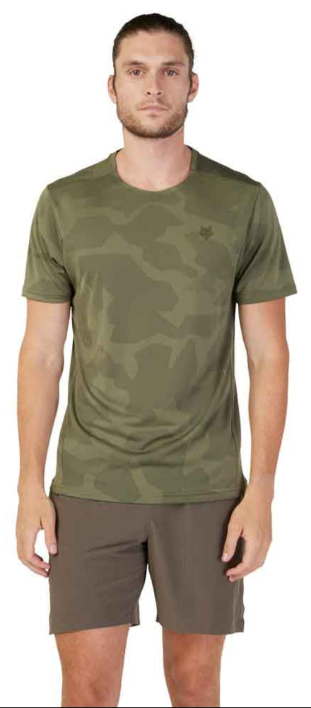 Fox REP Short Sleeve JACQUARD TOP Olive Camo FRONT FACING MODEL