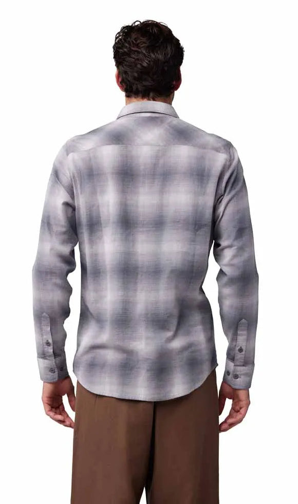 Fox Survivalist Flannel Shirt Light Gray BACK FACING MODEL